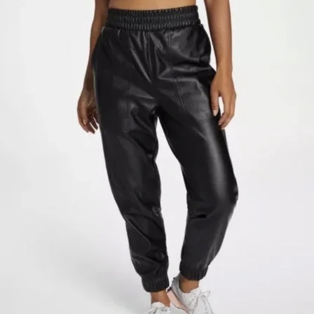 CALIA Faux Leather Jogger Pants Black Cuffed Cropped Ankle Lounge Pull On